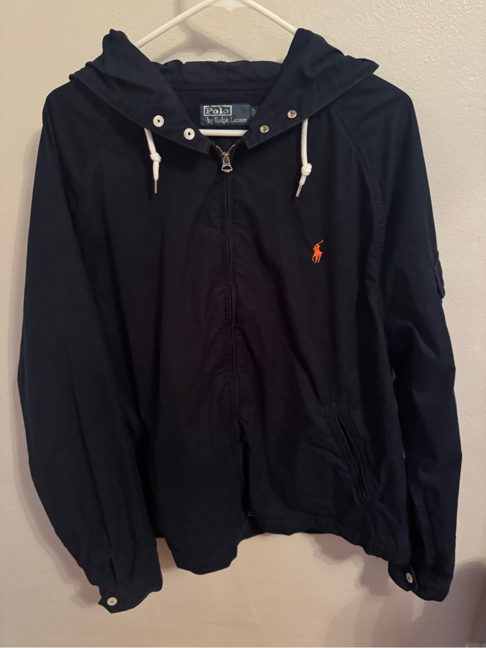Vintage Polo Ralph Lauren XXL Navy Hooded Cotton Windbreaker Jacket Orange Pony